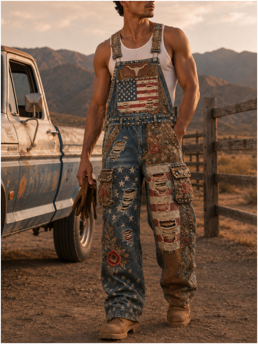 Men's Retro Style Art Print Vintage Casual Washed Cotton Denim Patchwork Jumpsuit